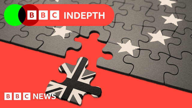 A treated image of jigsaw puzzle where one piece with the UK flag is separated from the puzzle, and the rest of the pieces show the EU flag