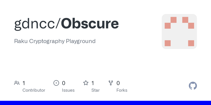 Raku Cryptography Playground. Contribute to gdncc/Obscure development by creating an account on GitHub. Raku Cryptography Playground. Contribute to gdncc/Obscure development by creating an account on GitHub.