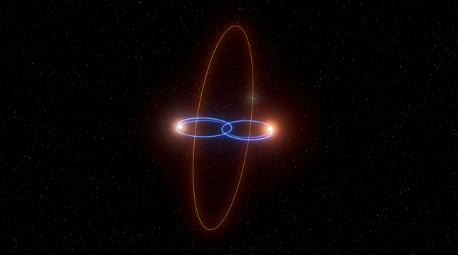 Center of image contains two oblong blue ovals that intersect, representing mutual orbit of two brown dwarfs in the horizontal plane. Perpendicular to these, and crossing both, is a larger red oval representing a planetary orbit in the vertical plane. This illustration is intended to show the planet in a polar orbit around the two brown dwarfs, known as a "circumbinary" orbit.
