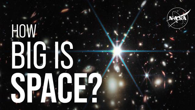 The image features a dense field of stars and galaxies against a dark space background. A prominent starburst occupies the right-center, emitting bright blue and white light with lens flare effects. Galaxies of varying sizes and colors, including reddish and white spirals and ellipticals, are scattered throughout the image. The text "HOW BIG IS SPACE?" is in bold white letters on the left side. The top right corner displays the NASA logo.