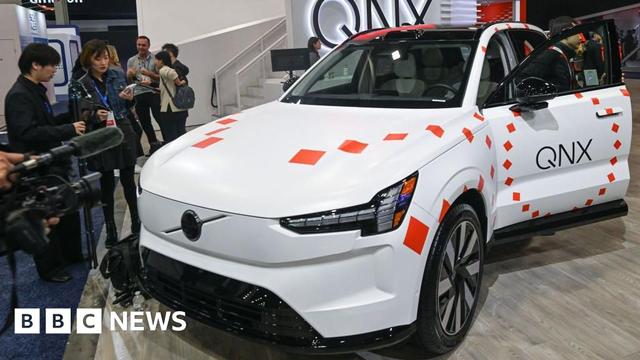 The Volvo EX90, featuring the new QNX software, is showcased inside the Convention Center during CES 2025 in Las Vegas, Nevada, USA, on 9 January, 2025.