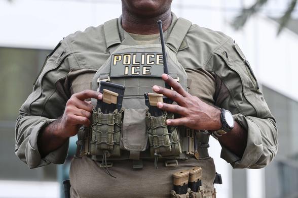 A U.S. Immigration and Customs Enforcement (ICE) personnel provides security in the French Quarter provides security in the French Quarter prior to Super Bowl LIX on February 8, 2025, in New Orleans, Louisiana. A U.S. Immigration and Customs Enforcement (ICE) personnel provides security in the French Quarter provides security in the French Quarter prior to Super Bowl LIX on February 8, 2025, in New Orleans, Louisiana.