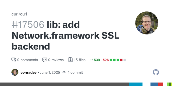 Hi everyone! I started working on a Network.framework backend for curl a bit ago.
I had a few motivations for writing this:

Wanting to use curl with system SSL without compiling anything on iOS/wa...