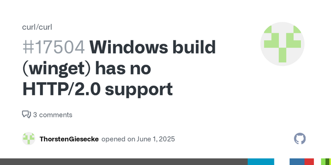 I did this Tried to download a resource with --http2 parameter. I expected the following The Windows build, available via winget (winget install cURL.cURL), has neither HTTP/2 nor HTTP/3 (QUIC) sup...