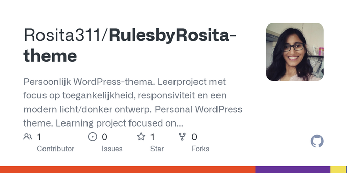 Persoonlijk WordPress-thema. Leerproject met focus op toegankelijkheid, responsiviteit en een modern licht/donker ontwerp.  Personal WordPress theme. Learning project focused on accessibility, resp...