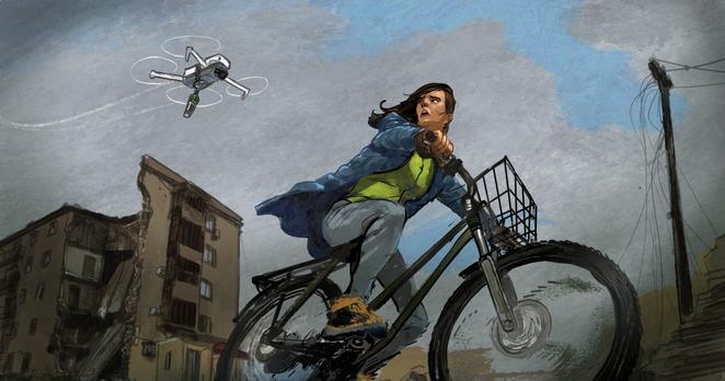 Illustration of a drone following a woman on a bike through a destroyed city