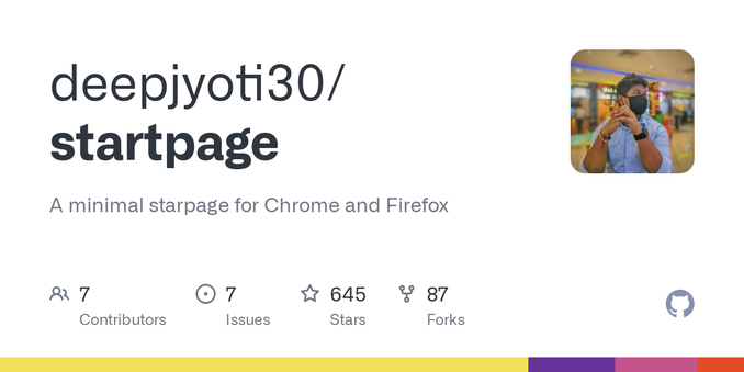 A minimal starpage for Chrome and Firefox. Contribute to deepjyoti30/startpage development by creating an account on GitHub.