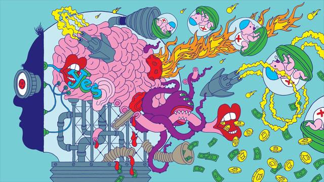 Illustration of a head where you can see the cartoonish inside of the billionaire's mind