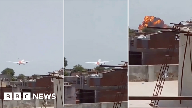 A collage of stills of a video which shows a plane crashing into a residential colony and bursting into flames in India's Ahmedabad city