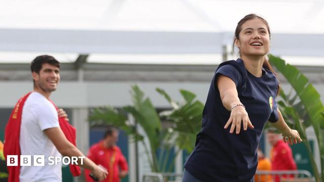 Carlos Alcaraz watches Emma Raducanu throw a ball at the Davis Cup and Billie Jean King Cup events in 2024