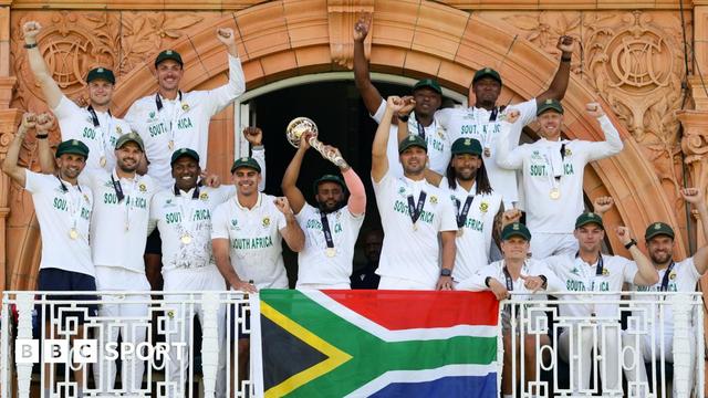South Africa players celebrate with World Test Championship mace on Lord's balcony South Africa players celebrate with World Test Championship mace on Lord's balcony