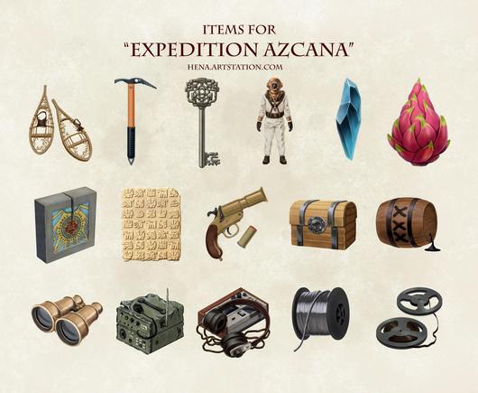 A collection of various illustrated items for a board game. Damaged snow shoes, a climbing pick, an ornate key, an old-fashioned diving suit, a blue gemstone, a strange fruit resembling a dragonfruit, and many more.