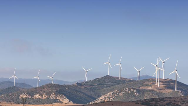 Image of a dry, brown hillside with lots of small scrub, and white wind turbines in the background.
