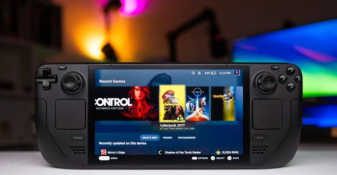 An OLED Steam Deck showing the Steam interface with games including Control