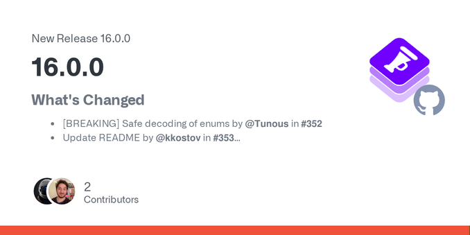 What's Changed

[BREAKING] Safe decoding of enums by @Tunous in #352
Update README by @kkostov in #353

Full Changelog: 15.0.0...16.0.0