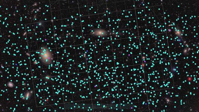 0:00: Introductory animation
0:02: We start with a sprawling, textured field of galaxies scattered across the deep black of space. Rubin’s field of view is overlaid as a plus-shaped grid. A rectangle panel expands from the center right to show the grayscale sequence of the point of light of an asteroid moving left to right across the background.
0:12: Another panel expands from the right to show another asteroid moving left to right.
0:13: Yet another panel expands from the top with another asteroid moving diagonally to the upper right.
0:15: Six more panels with moving asteroids expand, to form a grid of nine.
0:20: Many more panels expand, forming a grid of 36.
0:28: The panels disappear, showing the original field of galaxies. Now, about 1000 teal dots appear on screen, representing Rubin’s discoveries on night 1 of observations. They’re generally moving toward the upper right at a leisurely pace. There are a few dots in purple and yellow, representing other types of Solar System objects.
0:32: More and more dots continue to appear as time progresses from night 1 to night 7, totaling 2104 objects. They’re mostly teal, representing main belt asteroids, but there are a couple dozen purple and yellow dots too.
0:42: The view rotates clockwise by about 45 degrees and zooms out to show the direction of observations and the objects detected from the perspective of Earth, seen in the foreground
0:45: The view continues to zoom out to show a bird’s eye view of the Solar System. Earth’s orbit is a circle inside the donut shape of the main asteroid belt filled with millions of dots. Rubin’s new detections are highlighted using the same colors as before, now seen as a narrow 3D cone shape extending from Earth out into the Solar System toward the top of the video.