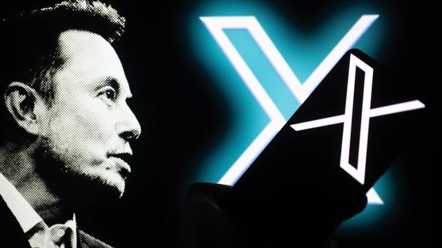 A photo of Elon Musk next to the logo for X, the social network formerly known as Twitter,.