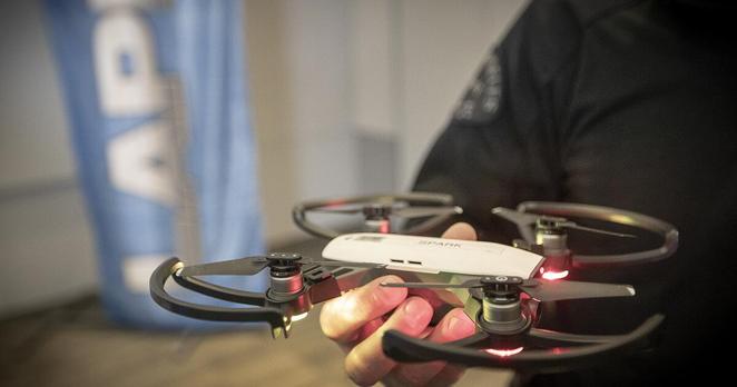 LOS ANGELES, CALIF. -- TUESDAY, JANUARY 15, 2019: LAPD SWAT officer and drone operator Tom Chinappi holds the smallest model of the department's four drones after LAPD Chief of police Michel Moore spoke about the LAPD's first use of a drone during a police standoff situation at a press conference at LAPD Headquarters in Los Angeles, Calif., on Jan. 15, 2019. Earlier this month, the LAPD deployed a drone for the first time on a suspect as part of a pilot program that was opposed by residents and activists who saw it as a first step towards an Orwellian spy state. At a press conference Tuesday, LAPD officials gave details about the drone operation, which occurred against a barricaded robbery suspect on Jan. 9. (Allen J. Schaben / Los Angeles Times)