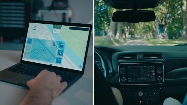 Two images side by side. One shows a laptop opened to a map view with a vehicle model showing a vehicles location. A transparent overlay shows various blue-ish buttons for sending commands to the vehicle. The image on the right is of the interior of a Nissan Leaf. Visible are the very edge of the steering wheel, the center dash including the infotainment display, vents, and shifter, and part of the right side of the dash. Passenger and driver legs are just barely visible at the bottom of the image.