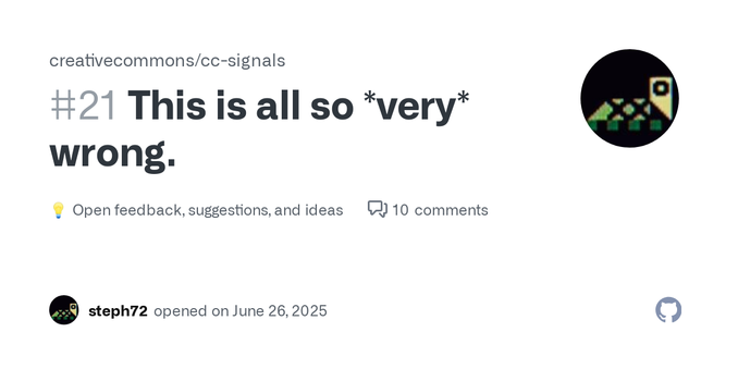 (copied from #14) Problem This whole idea is completely and utterly wrong. Description Inviting AI scrapers to negotiate licensing terms for CC works is like a flock of sheep holding a summit to dr...