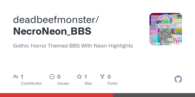 Gothic Horror Themed BBS With Neon Highlights. Contribute to deadbeefmonster/NecroNeon_BBS development by creating an account on GitHub.