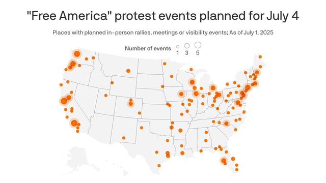 A map of the U.S. showing the locations of "Free America" protest events planned for July 4, 2025. There were at least 160 in-person events planned in cities as of July 1.