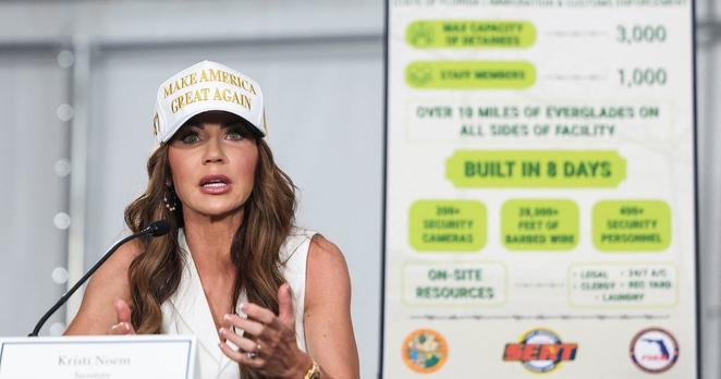 U.S. Homeland Security Secretary Kristi Noem visits a temporary migrant detention center informally known as "Alligator Alcatraz" in Ochopee, Florida, U.S., July 1, 2025.