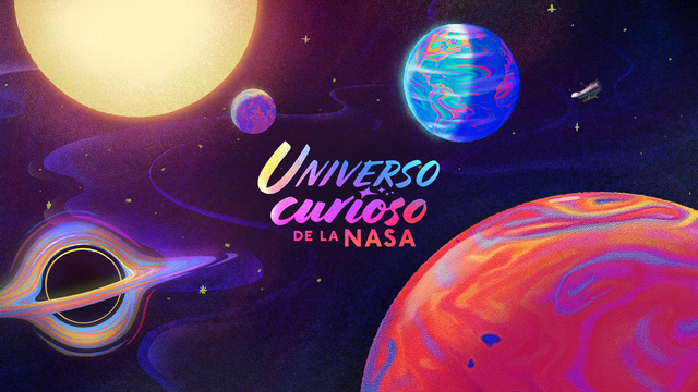 Podcast cover illustration for “Universo curioso de la NASA.” The colorful image shows a cosmic landscape with various celestial bodies: a bright yellow Sun, Earth in vibrant blue, green, fuchsia and orange colors; a large red and orange planet representing Mars, a black hole with an accretion disk, and the Moon in purple tones. The title 'Universo curioso' appears in the center with a gradient effect in various colors, and 'DE LA NASA' in smaller dark coral letters. The background is black and dark violet, dotted with small yellow stars and waves that create a vibrant space atmosphere.