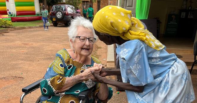 Anne Merriman in 2023 at the headquarters of Hospice Africa Uganda, an organization she founded in 1993.