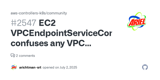 Describe the bug When a k8s CR for VPCEndpointServiceConfiguration is created, the AWS resources are queried and any existing Endpoint Services get confused as being the existing implementation of ...