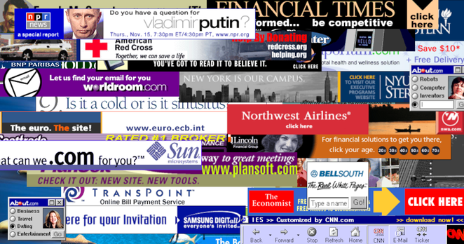 A collage of many early internet advertisements.