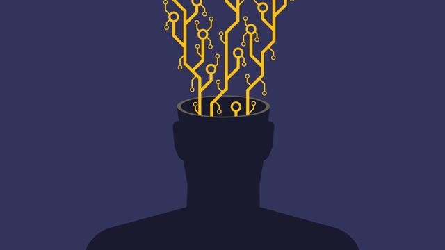 An image of a faceless human silhouette (chest up) with exposed microchip contacts and circuitry erupting from its open head. This visual metaphor explores transhumanism, AI integration, or the erosion of organic thought in the digital age. The stark contrast between the biological silhouette and mechanical components highlights themes of technological dependence or posthuman evolution. Ideal for articles on...