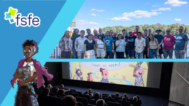 Collage of pictures showing a team picture with FSFE volunteers and staffers outside a park, with the river Spree behind them; a picture with an image of Ada and Zangemann in Danish showing at a cinema. We see the screen and the people sitting, as the picture has been taken from the back of the room; and one of the YH4F characters