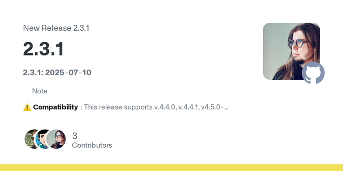 2.3.1: 2025-07-10
Note⚠️ Compatibility: This release supports v.4.4.0, v.4.4.1, v4.5.0-alpha.1.
This version will not support Mastodon versions prior v4.4.0! (2025-07-08) For older Mastodon servers...