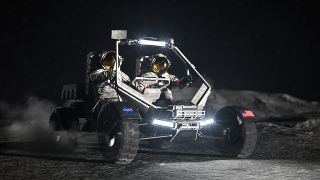 In an artist's concept, two astronauts ride in a lunar terrain vehicle on the surface of the Moon. In an artist's concept, two astronauts ride in a lunar terrain vehicle on the surface of the Moon.