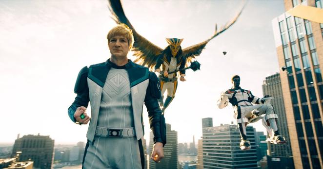 Nathan Fillion as Guy Gardner, from left to right, Isabela Merced as Hawkgirl and Edi Gathegi as Mr. Terrific are shown in an undated handout still image from DC Studios' and Warner Bros. Pictures' “SUPERMAN.” THE CANADIAN PRESS/Handout - Warner Bros. Pictures (Mandatory Credit)