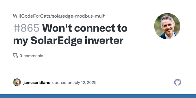 Describe the bug So, I think I've set up my SolarEdge inverter correctly. I've set it up in HA like this: However, all I get is this: Failed setup, will retry: Setup failed: Modbus Error: [Input/Ou...