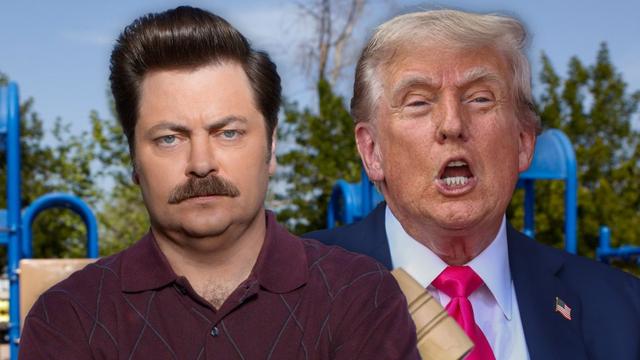 Nick Offerman as Ron Swanson and Donald Trump