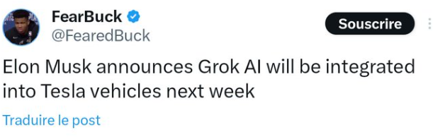 Post de @FearedBuck
Elon Musk announces Grok Al will be integrated
into Tesla vehicles next week
