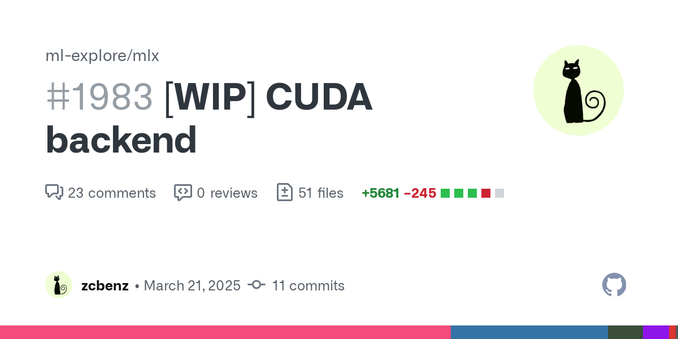 This PR is an ongoing effort to add a CUDA backend to MLX, very little things work now but you can run the tutorial example already.
To build and test:
$ cmake . -Bbuild -DMLX_BUILD_CUDA=ON -DMLX_B...