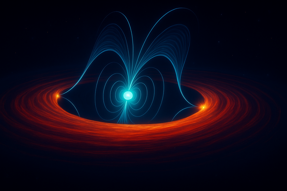 This artist’s concept depicts PSR J1023+0038, a pulsar in a binary system with a low-mass companion star which is not pictured. The pulsar appears as a glowing light blue dot at the center of a black background. Thin blue lines showing the pulsar’s magnetic field curve outward from it in graceful arcs, forming shapes that look like a drawn bow or butterfly wings. Circling this blue structure horizontally is the fiery orange-red ring of material swirling around the pulsar in an accretion disk. This ring glows brightly at spots on its left and right inner edges where it interacts with the pulsar wind, which flows along the magnetic field. This artist’s concept depicts PSR J1023+0038, a pulsar in a binary system with a low-mass companion star which is not pictured. The pulsar appears as a glowing light blue dot at the center of a black background. Thin blue lines showing the pulsar’s magnetic field curve outward from it in graceful arcs, forming shapes that look like a drawn bow or butterfly wings. Circling this blue structure horizontally is the fiery orange-red ring of material swirling around the pulsar in an accretion disk. This ring glows brightly at spots on its left and right inner edges where it interacts with the pulsar wind, which flows along the magnetic field.