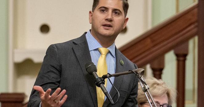 FILE - Former assembly member Bill Essayli, of Riverside, speaks on a bill before the Assembly at the Capitol in Sacramento, Calif., Thursday, June 1, 2023. (AP Photo/Rich Pedroncelli,File)