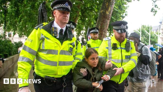 Several police officers in high-visibility jackets detain a handcuffed protester outdoors. The protester had been holding a placard supporting the Palestine Action group. The scene is set on a rainy day with trees and other individuals visible in the background.