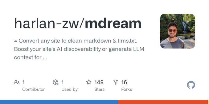 ☁️ Convert any site to clean markdown & llms.txt. Boost your site's AI discoverability or generate LLM context for a project you're working with. - harlan-zw/mdream