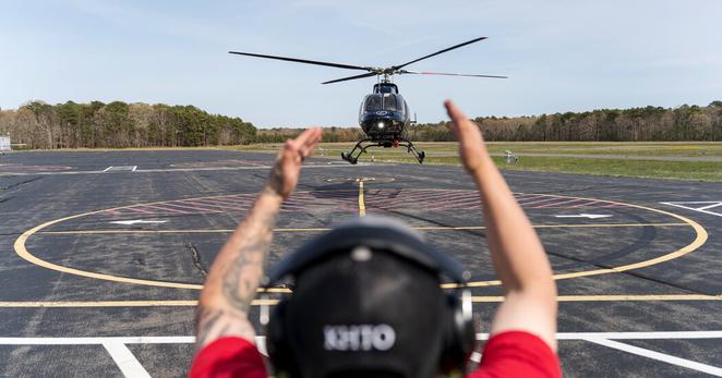 A helicopter operated by Blade Air Mobility, which offers helicopter taxi flights between Manhattan and nearby airports, landing at an airport in East Hampton, N.Y., in 2022.