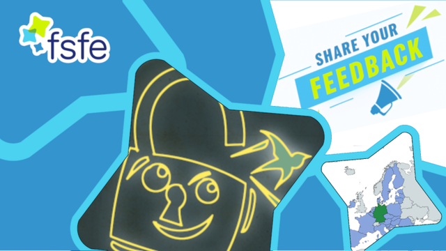 Collage of pictures with a star shape: an illustration of a lock that is opened and is letting a bird fly away; a map of Europe; and an illustration saying send  your feedback