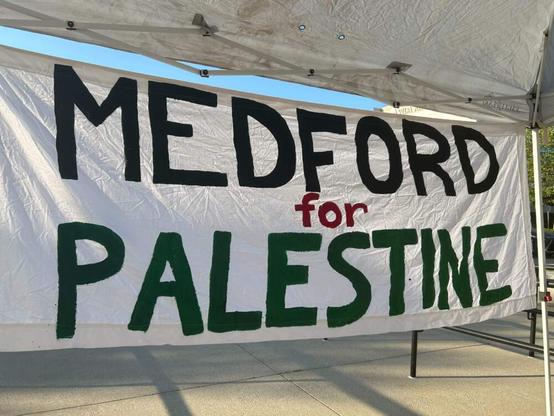Signs in support of Palestine hang outside of Medford City Hall as the council considers efforts to divest city funds from groups that profit or support weapons manufacturers, fossil fuels, private prisons and human rights violations on June 24, 2025. (Rachell Sanchez-Smith/WBUR)