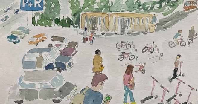 Eine bunte Zeichnung vom Leben in der Stadt: Nur wenig Parkplätze, dafür mehr Fahrräder, spielende Kinder.