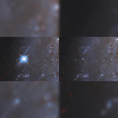Two side-by-side images of a zoomed in portion of a galaxy, showing the same field of view. The left panel contains a very bright star with four diffraction spikes just left of center. In the right panel, the star is still visible but much fainter. Blurred versions of the same images are at top and bottom to fill in a square.