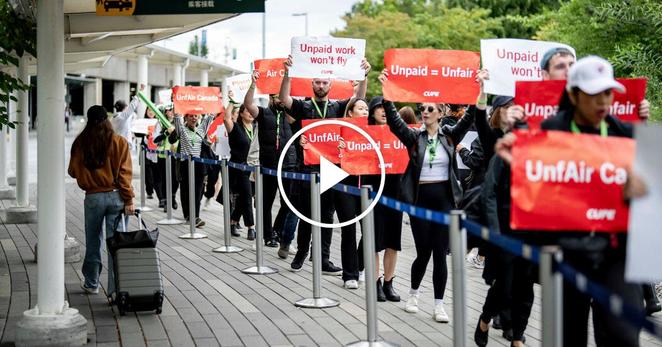 Air Canada flight attendants striking on Saturday at Vancouver International Airport in Richmond, British Columbia.